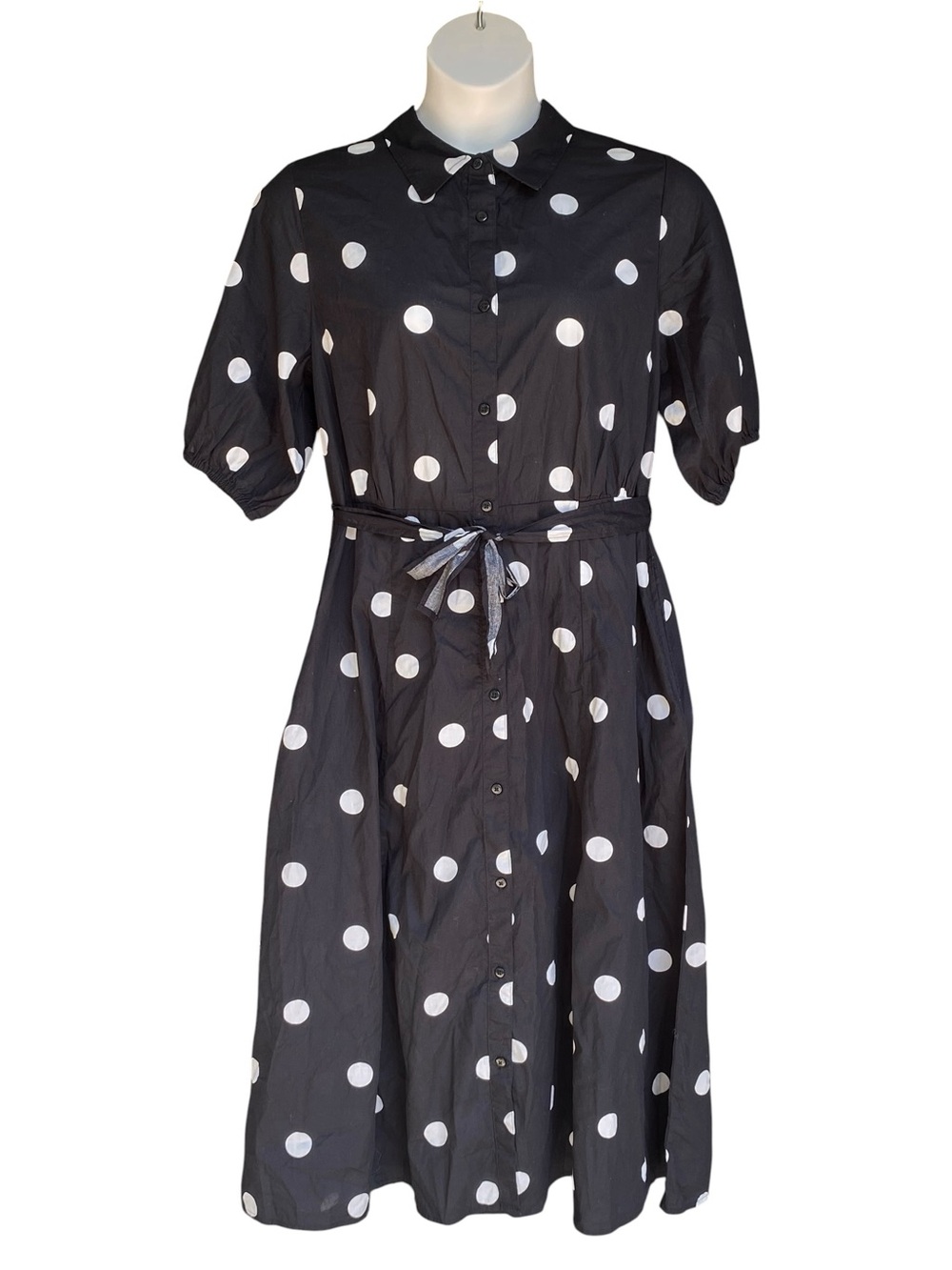 A New Day Size XL Black White Polka Dot Midi Shirt Dress Belted Button NWOT